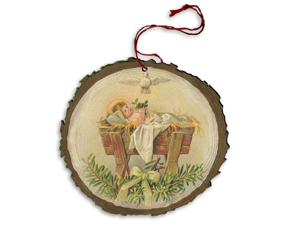 Vintage Baby Jesus in Manger Wood Ornament