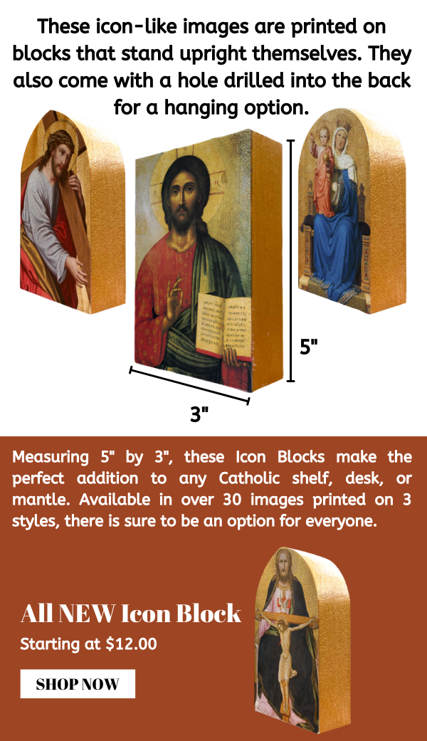 These icon-like images are printed on blocks that stand upright themselves. They also come with a hole drilled into the back for a hanging option.