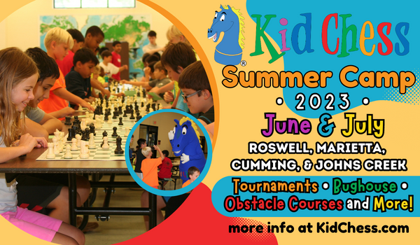 Kid Chess Summer Camp Banner with kids smiling and playing chess. 