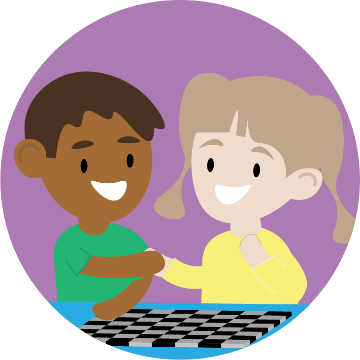 Kids smiling and shaking hands over a chessboard.