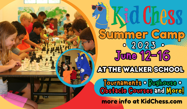 Kid Chess Summer Camp Banner with kids smiling and playing chess. 