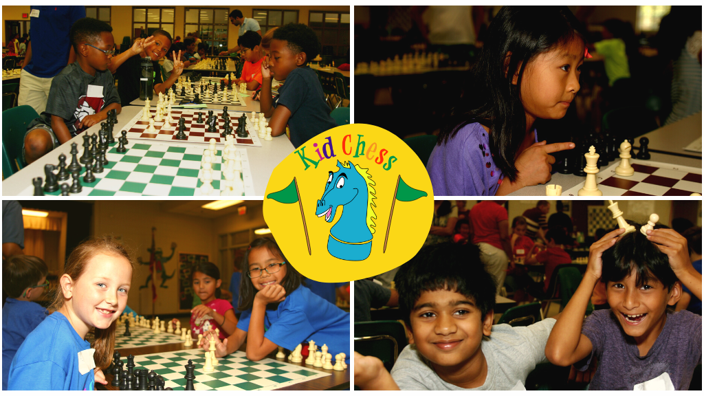 A collage of photos of campers being silly, playing chess and having a great time at camp. 