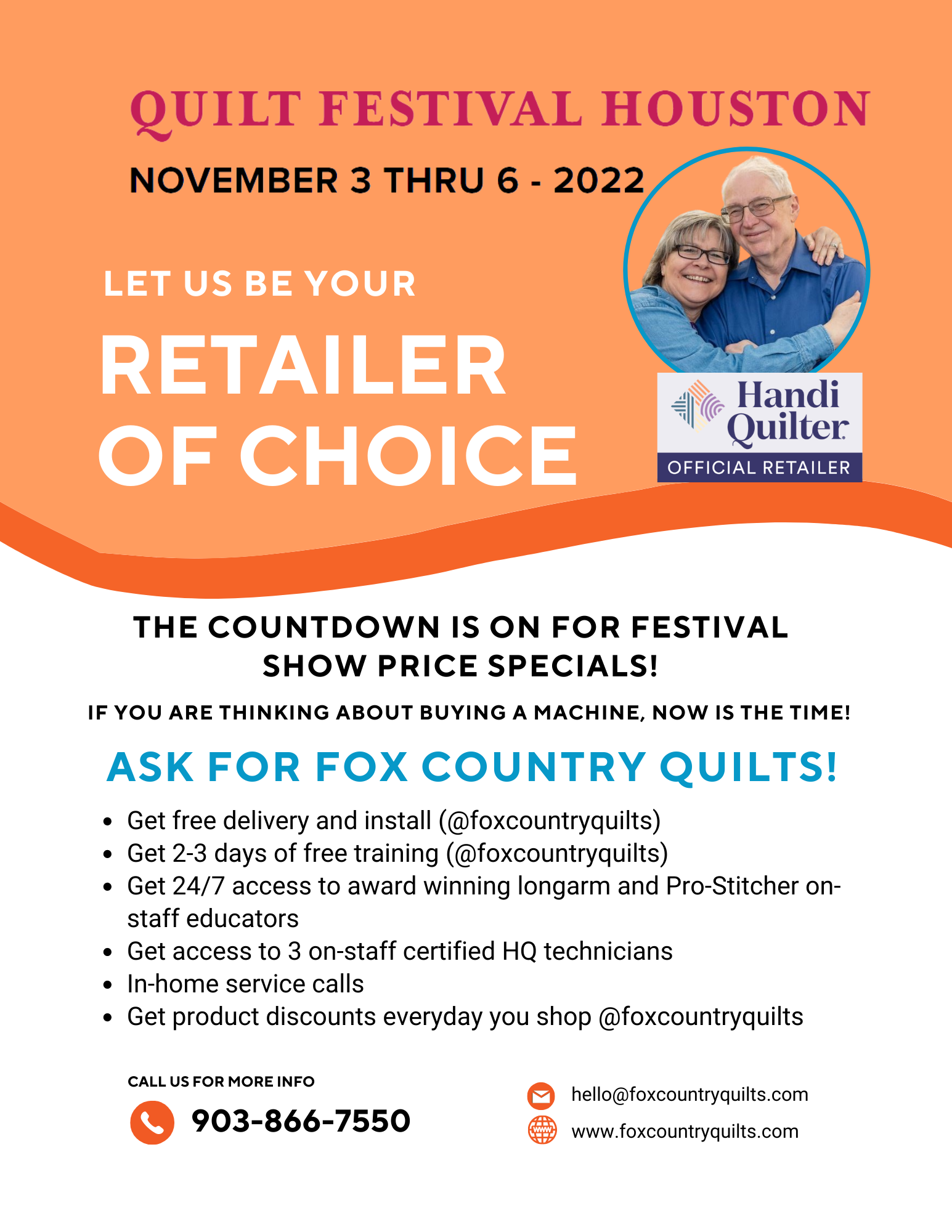 If you are thinking about buying a longarm quilting machine, now is the time! If you are going to the Houston Quilt Festival and buy a machine, ask for Fox Country Quilts! We would love to be your retailer of choice. You will * Get free delivery and install (@foxcountryquilts) * Get 2-3 days of free training (@foxcountryquilts) * Get 24/7 access to award winning longarm and Pro-Stitcher on-staff educators * Get access to 3 on-staff certified HQ technicians * In-home service calls * Get product discounts everyday you shop @foxcountryquilts. Call us for more information. 903-866-7550