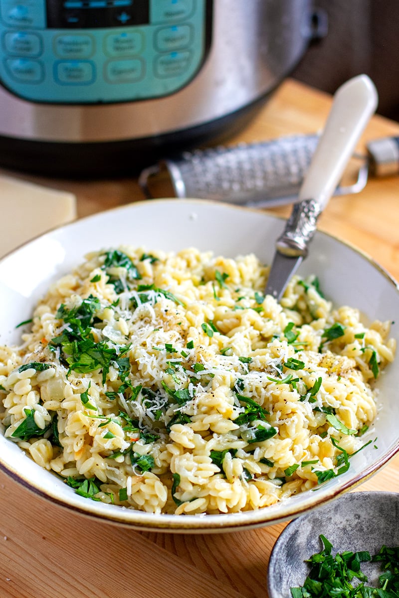 Instant Pot Orzo with lemon, Parmesan cheese and spinach
