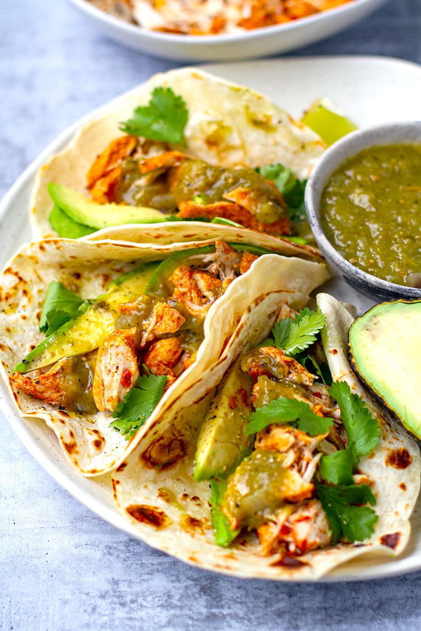 Instant Pot chicken tacos with avocado and salsa verde