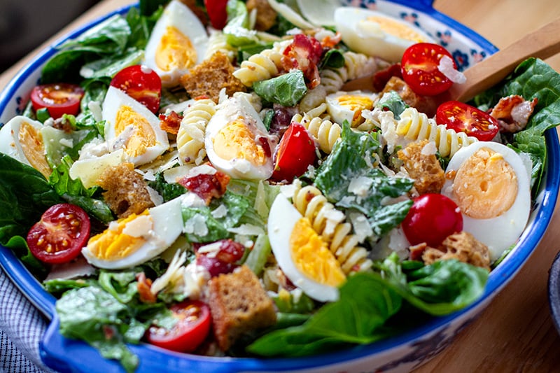 Caesar Pasta Salad With Eggs & Crispy Bacon