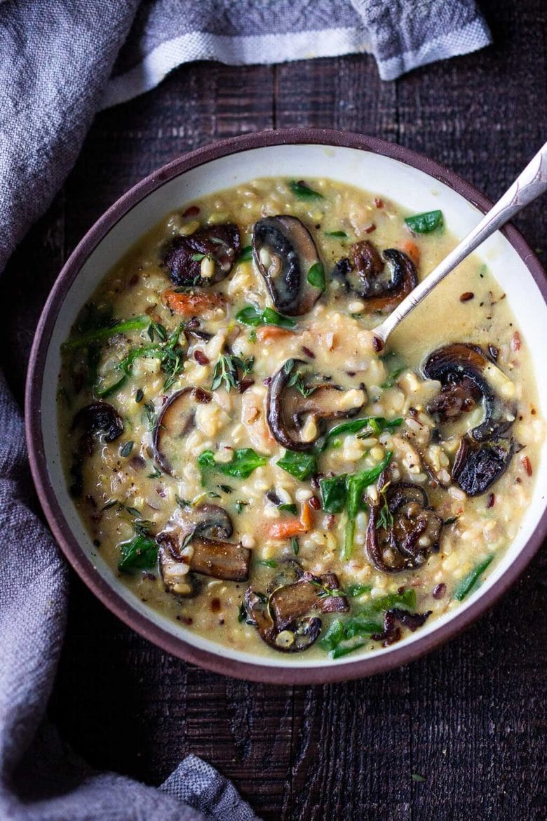 Instant Pot Wild Rice Soup with mushrooms and spinach