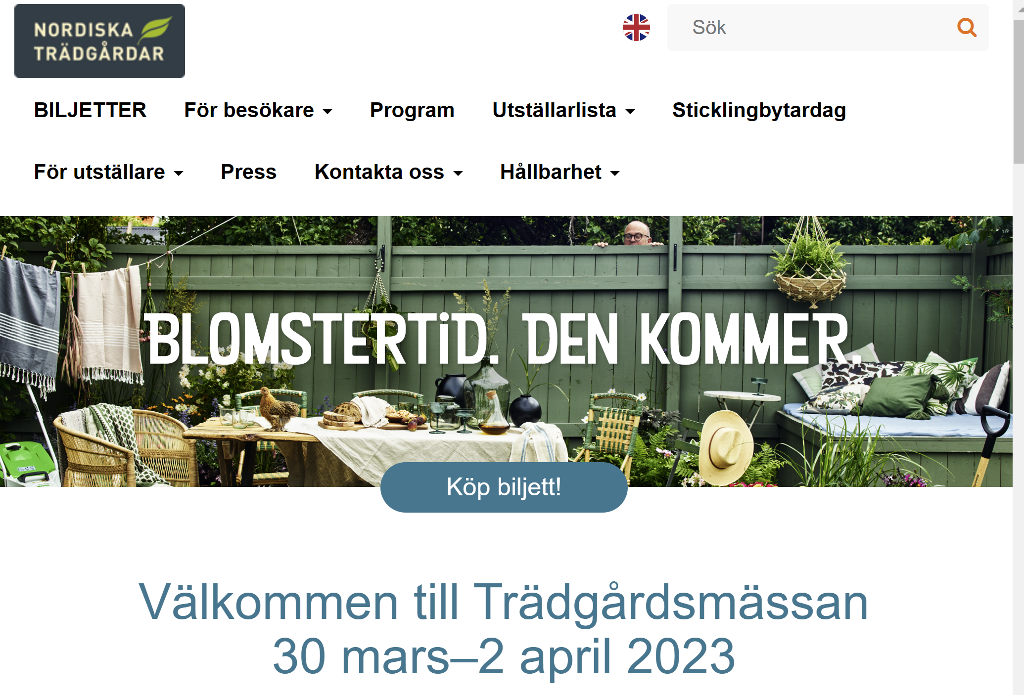 Websida från nordiska Trädgårdar