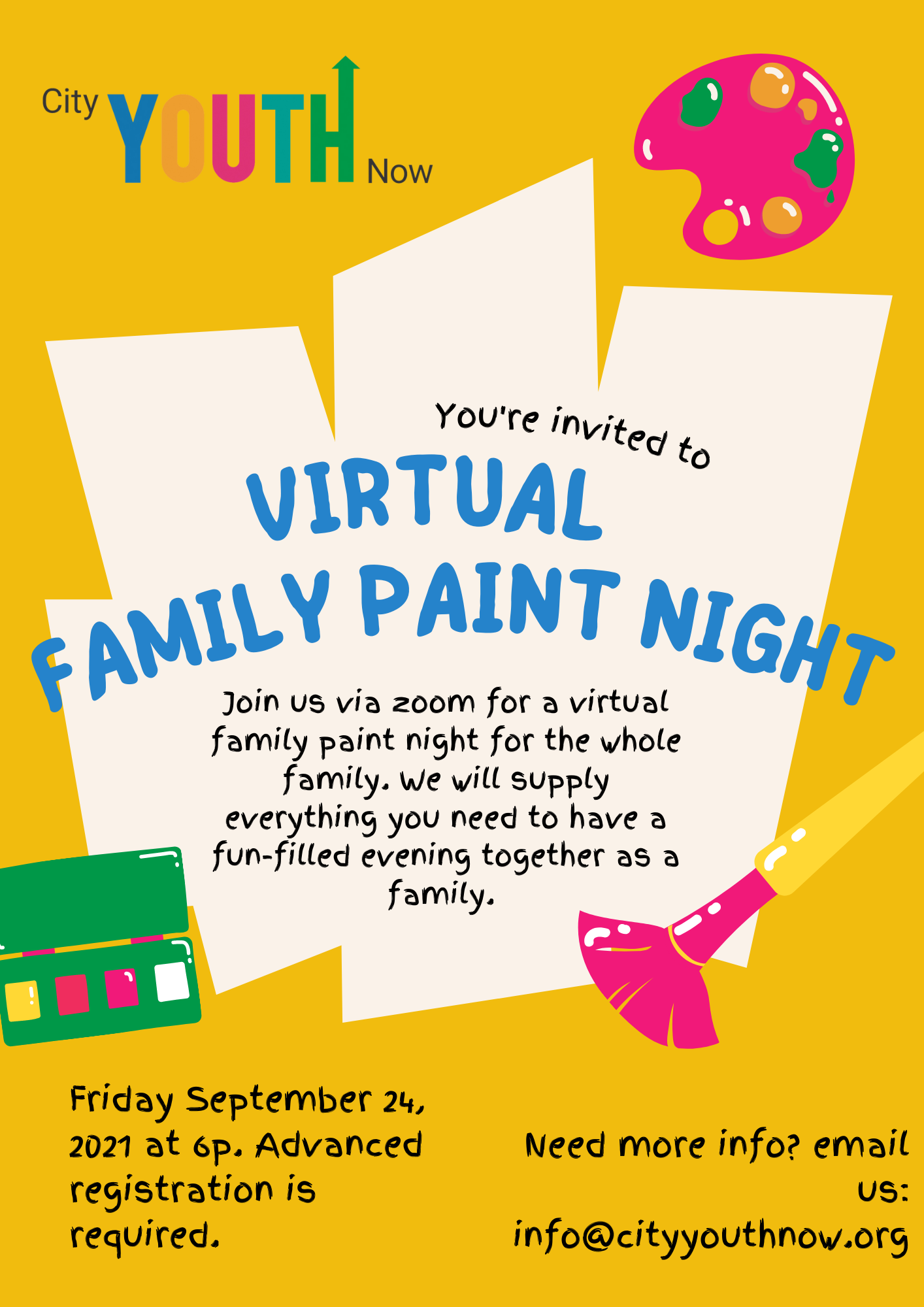 Flyer for a Virtual Family Paint Night to be held on 9/24/21 at 6p via zoom.