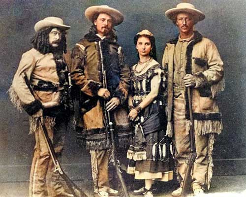 Principals in Scouts of the Prairie. Left to Right: Ned Buntline, Buffalo Bill, Giuseppina Morlacchi, Texas Jack.
