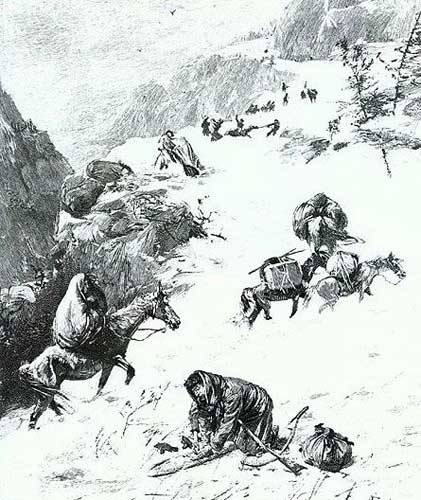 Depiction of The Donner party stranded in the Sierra Nevada Range, 1847