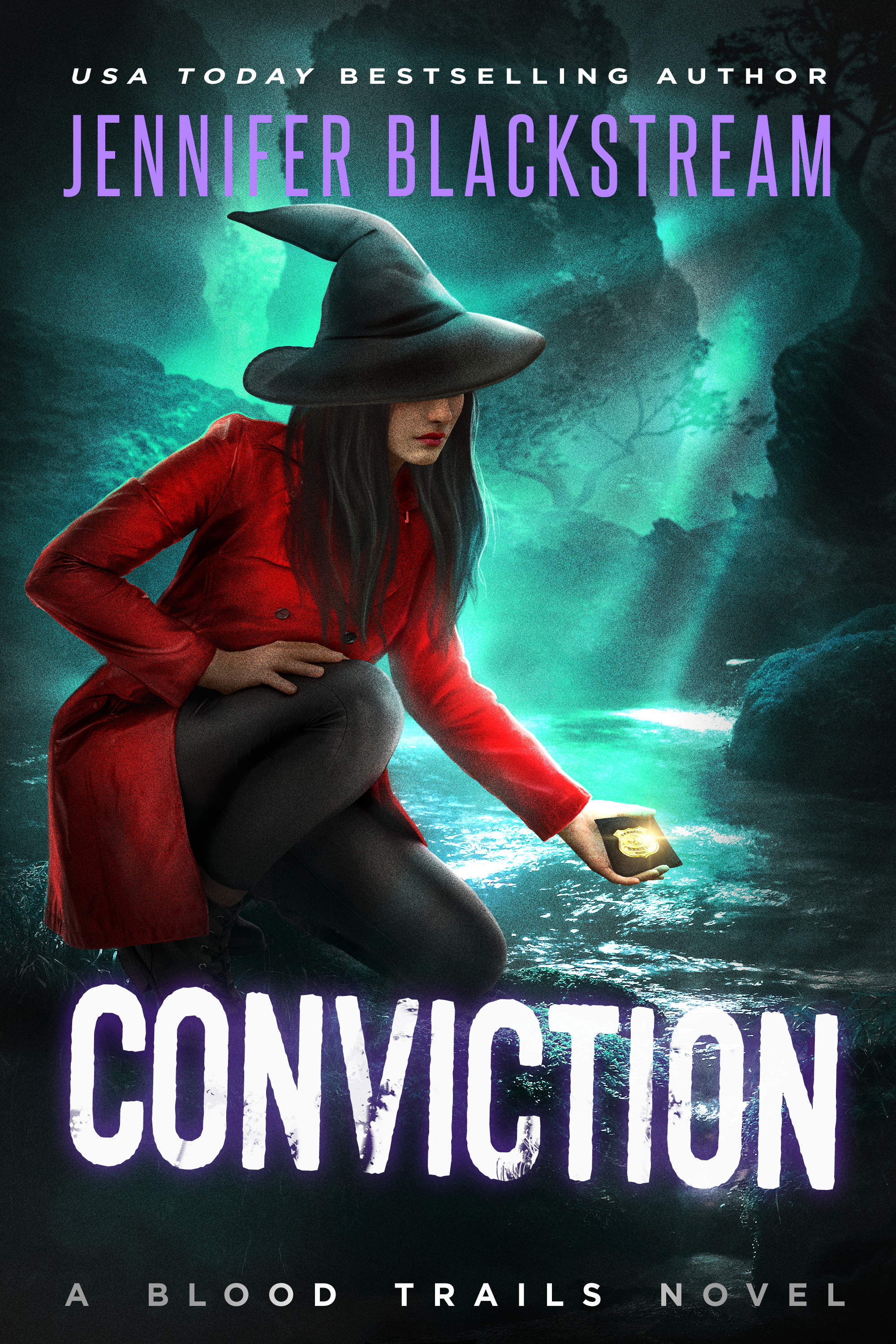 Cover art of Conviction, depicting Shade bending down to pick up a police badge near a lake.