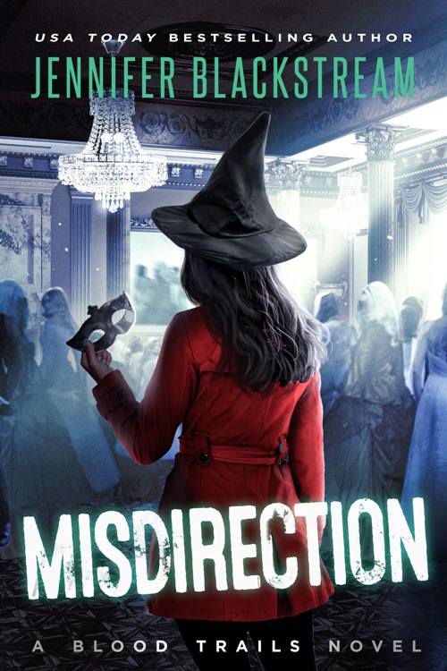 Cover art of Misdirection, Blood Trails #10, a witch in a red trench coat at a masquerade ball