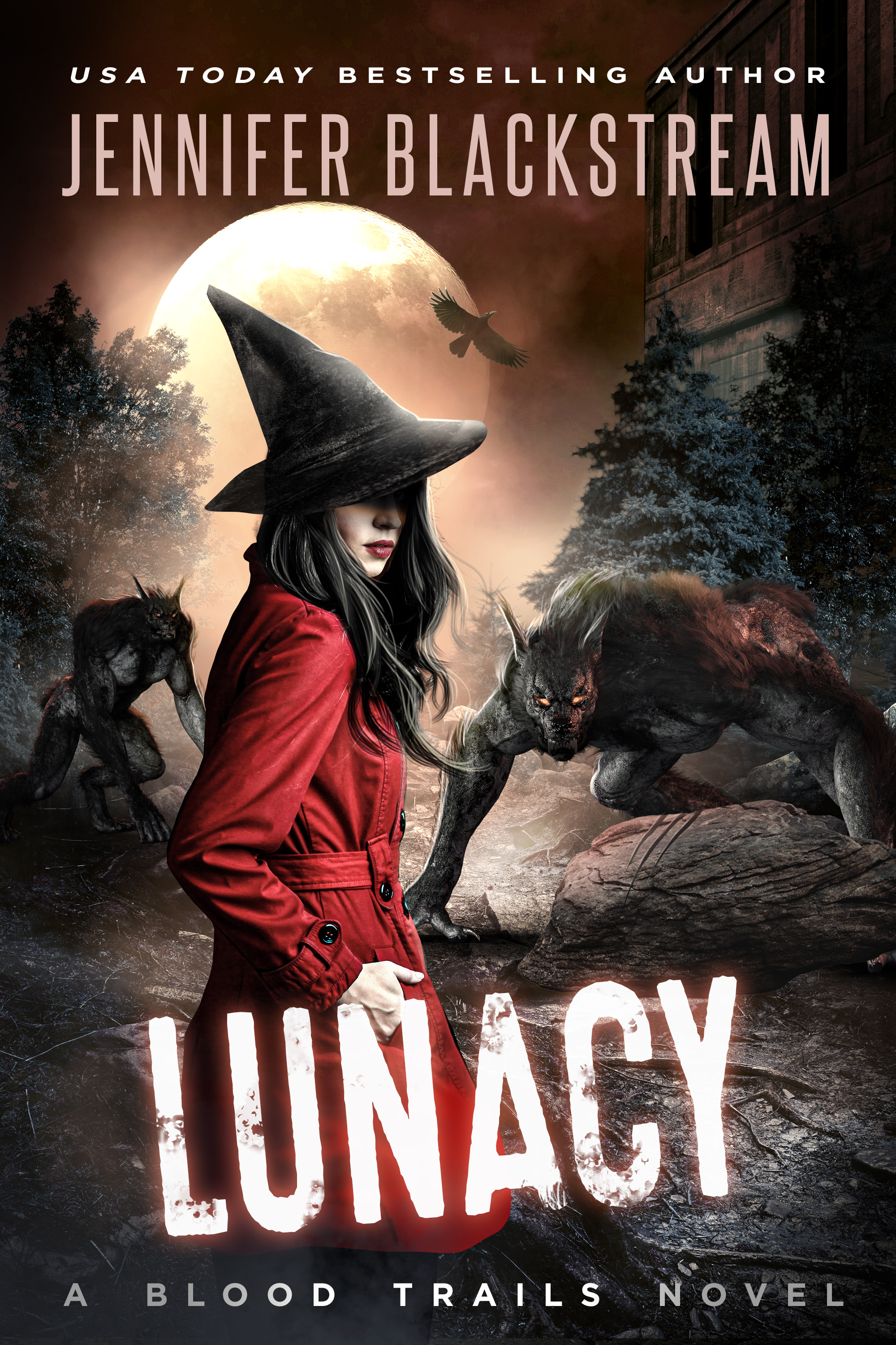 Cover art of Lunacy, depicting Shade standing in the woods next to a building, surrounded by vicious half-shifted werewolves.