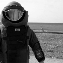 The author in his bomb suit