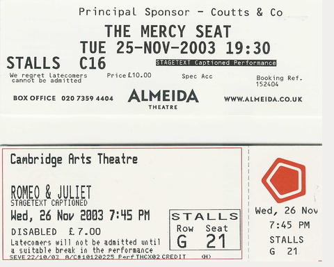 Tickets from captioned performances in Stagetext's early days