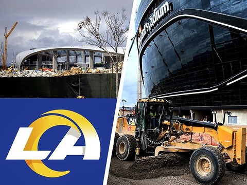 Construction continues at SoFi and Allegiant and new LA Rams logo