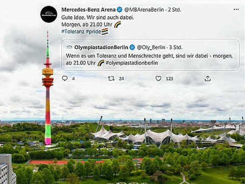 Olympic Tower Munich will shine in rainbow colors instead of Allianz Arena