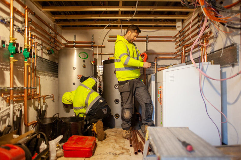 A photo of two men installing a hot water tank and heat pump