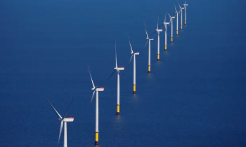  A photo of a row of off-shore wind farms