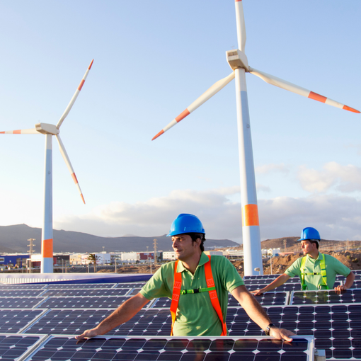 two men in hard hats standing amongst a large solar array in front of two wind turbines