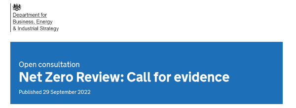 Header of the government's open consultation - Net Zero Review: Call for evidence page