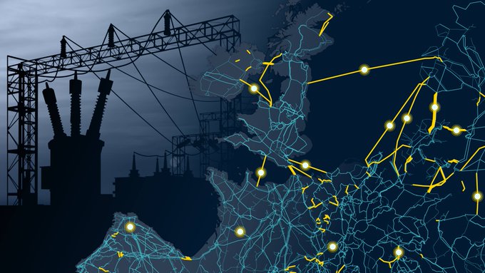 A graphic of a map of europe with electrical connections