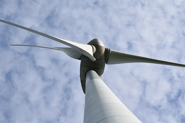 Photo of a wind turbine from below