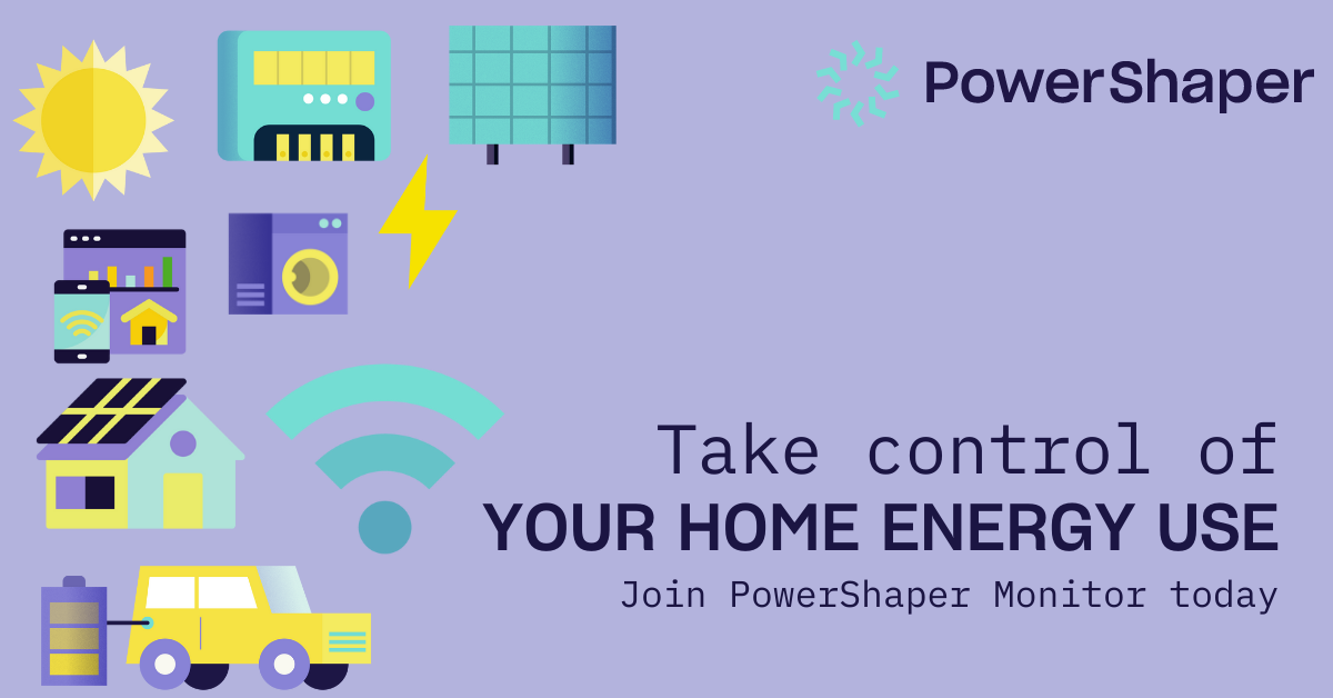 graphic of smart home energy appliances with the text 'take control of your home energy use - join powershaper monitor today'
