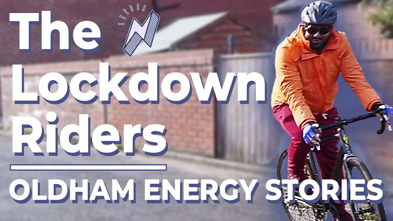 Ibrahim riding his bike in an orange coat with the caption “The Lockdown Riders - Oldham Energy Stories“