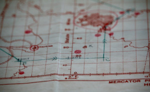 A drawing of a map with a course plotted on it