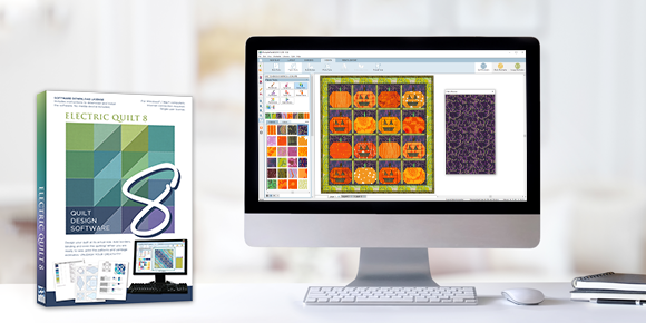 Special Offer: 20% off EQ8!  October is EQ8's birthday month! Why not celebrate with a sale?! Save on EQ8, Upgrades, and the Migration Kit and start designing your own quilts!  (That cute project shown on screen is a free download called Pumpkin Patch!)