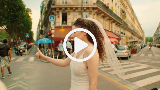 woman in awedding dress in the street