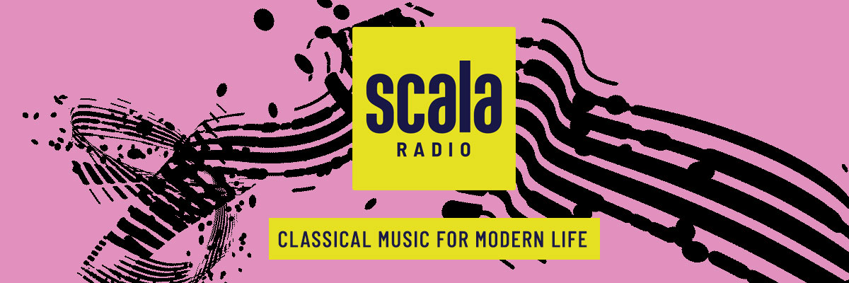 stylised pink and black music notation image with scala radio logo in the middle