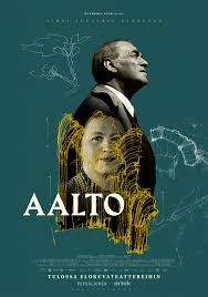 poster for the film Aalto with a stylised image of an elderly couple and sketches