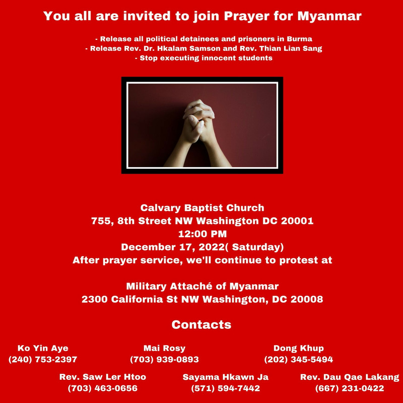 Prayer service for pastors detailed in Burma. Calvary Baptist Church December 16 12pm ET