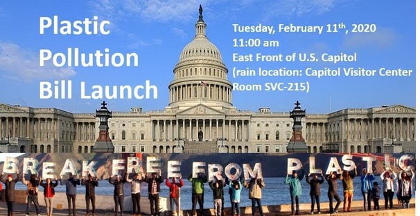 People holding Break Free From Plastic signs in front of the U.S. Capitol building