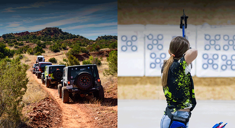 Left: A group of Jeeps drive on an unpaved road through Palo Duro Canyon. Right: A woman practicing archery, aiming at a target.