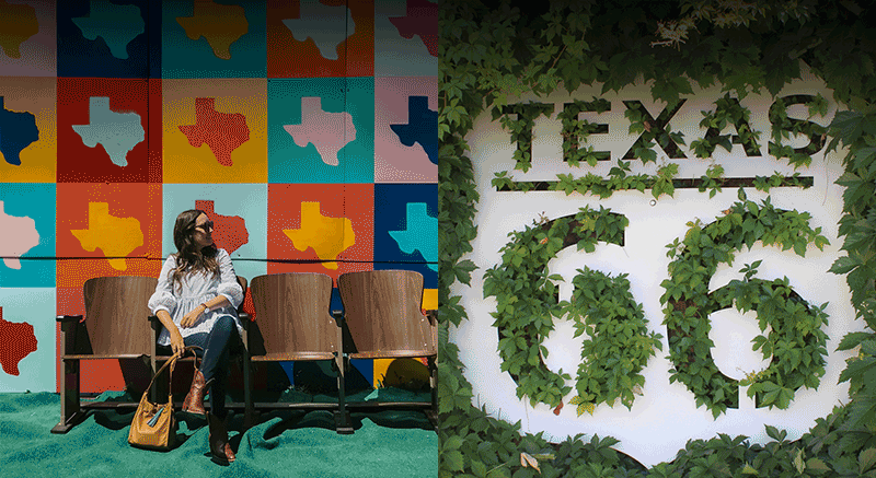 Left: A woman sits admiring a colorful mural of Texas shapes. Right: A route 66 sign mural with plants growing over it.