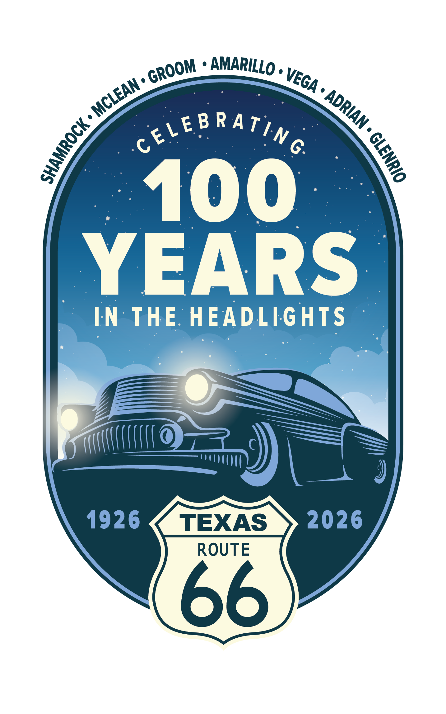 Route 66 Centennial logo reads Celebrating 100 Years in the Headlights.