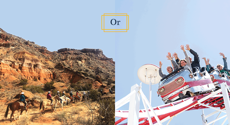 Left: A group of horseback riders taking a tour through Palo Duro Canyon. Right: A group of people riding a roller coaster.