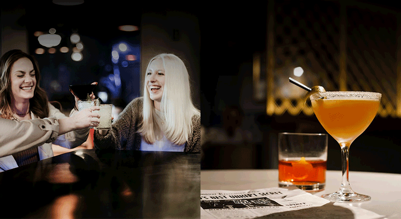 Left: A group of friends cheers with cocktails. Right: Two cocktails sitting on a table. 