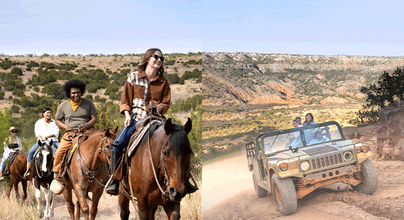 Left: A group of people on horseback riding through Palo Duro Canyon. Right: A group of people riding in a Jeep in Palo Duro Canyon. 
