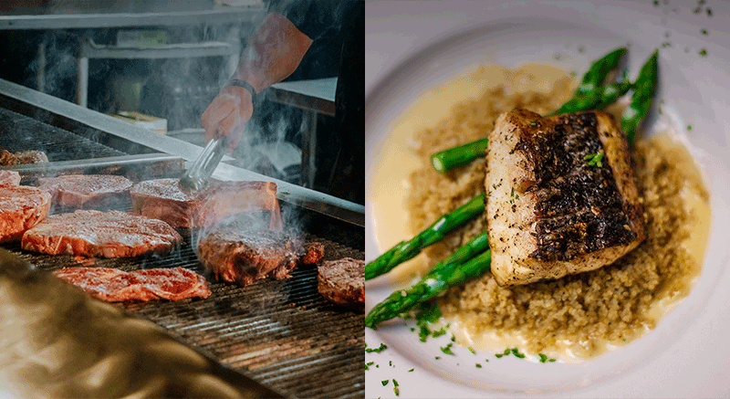 Left: Several large steaks being grilled. Right: A plate of cooked salmon sitting on a bed of asparagus and rice.