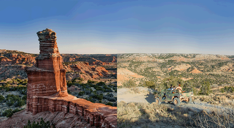 Left: The lighthouse rock formation in Palo Duro canyon during sunset. Right: A group of people taking a Jeep tour of Palo Duro Canyon. 