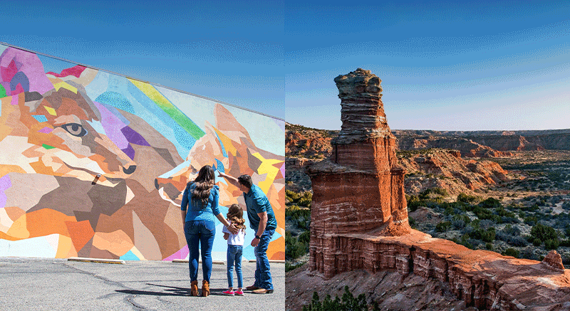 Left: A family points at a colorful mural of a fox on a building wall. Right: The lighthouse rock formation at Palo Duro Canyon.