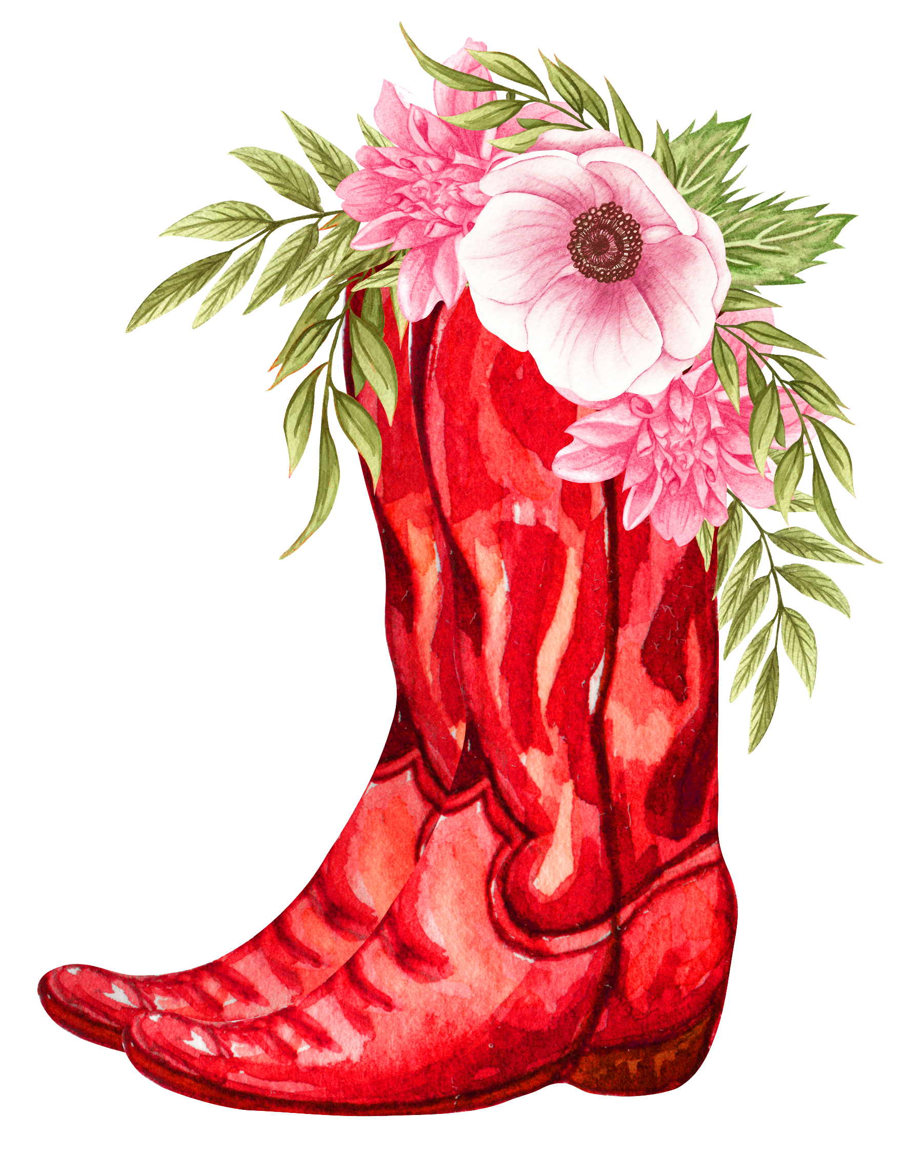 Red cowboy boots filled with flowers.