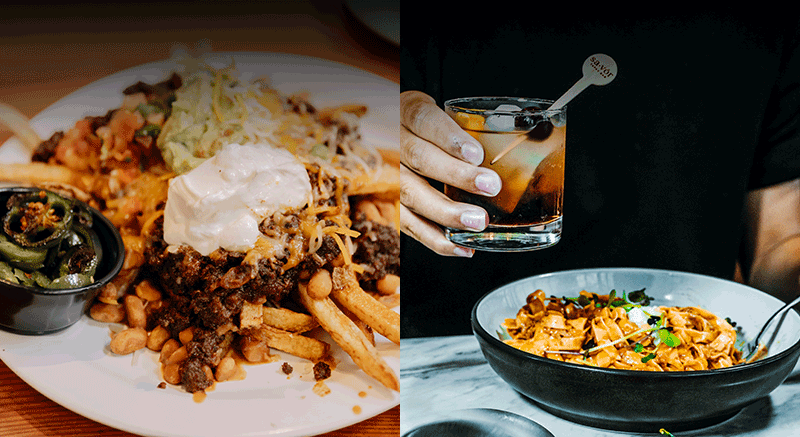 Left: A plate of fries with carne asada, cheese, sour cream, and jalapeno sits on a white plate. Right: A bowl of a pasta dish at Savór sits in front of a person holding a cocktail.