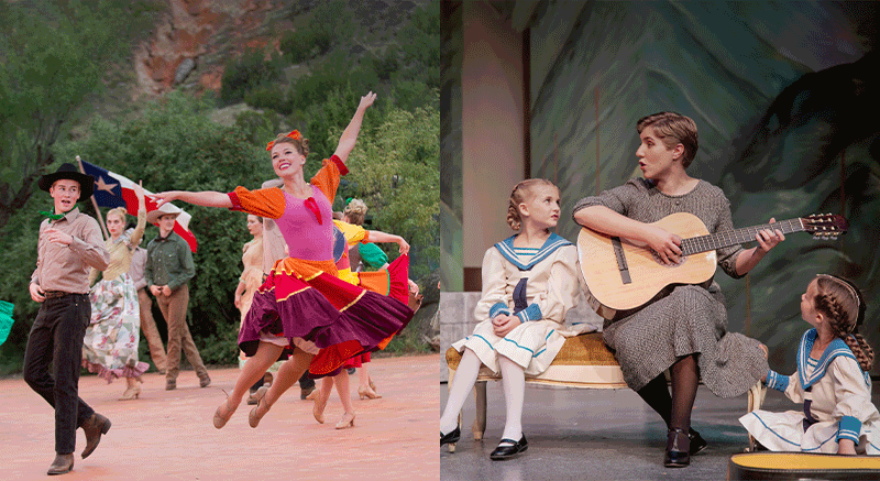Left: Performers wearing traditional western and Mexican clothing perform a dance routine in the TEXAS Outdoor Musical. Right: An adult performer on an indoor stage play a musical number on guitar while two children performers listen. 